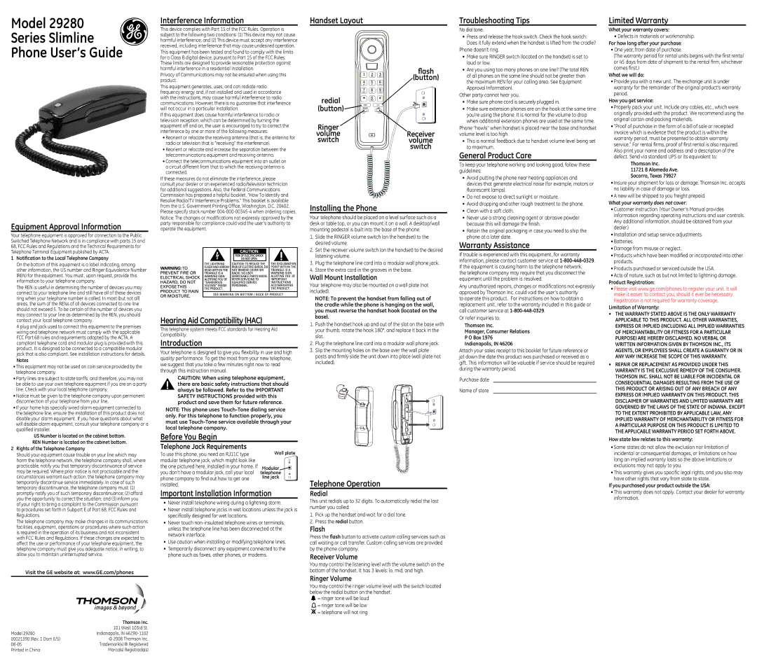 GE 29280 instruction manual Equipment Approval Information, Interference Information, Hearing Aid Compatibility HAC 