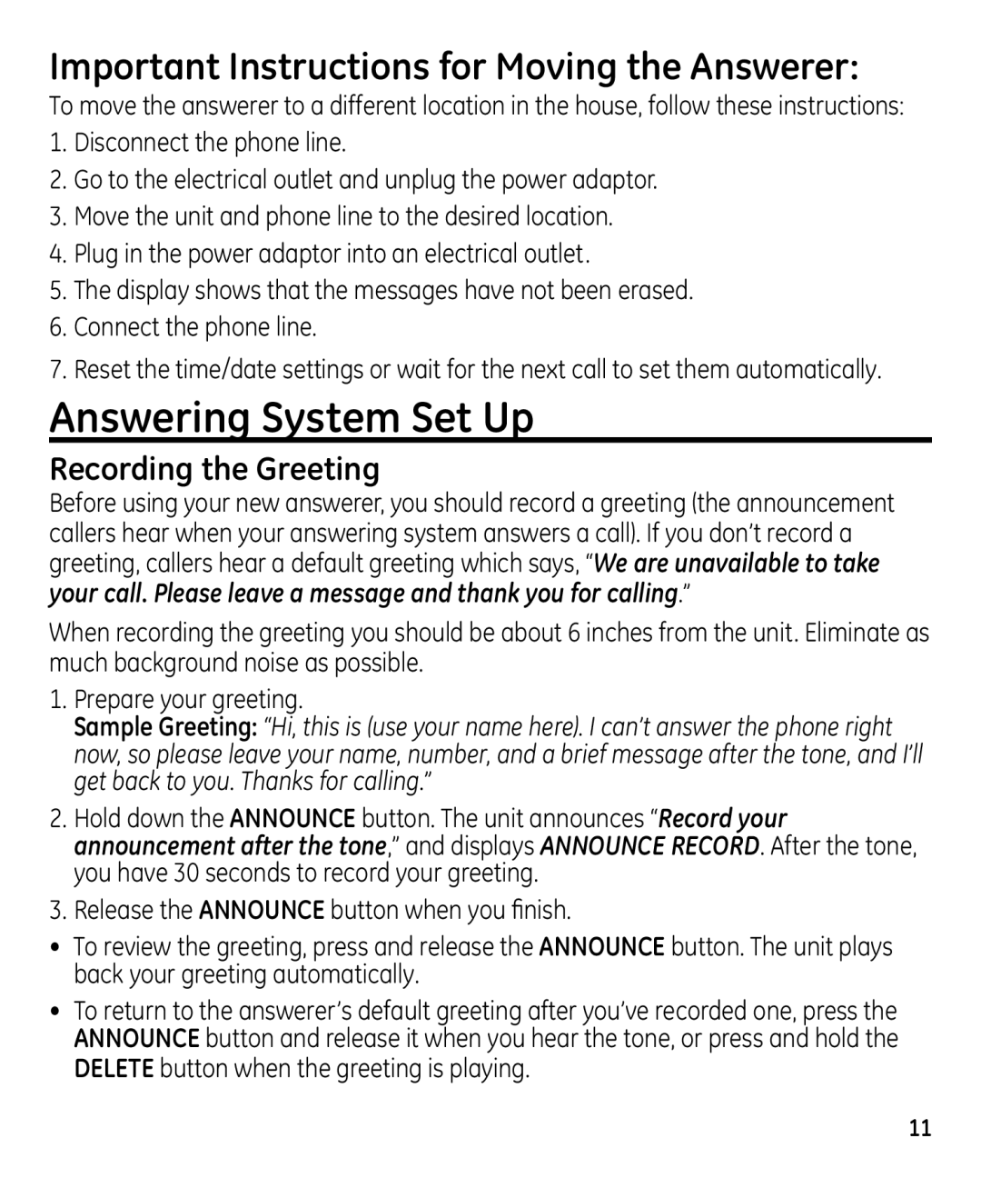 GE 00023598 manual Answering System Set Up, Important Instructions for Moving the Answerer, Recording the Greeting 