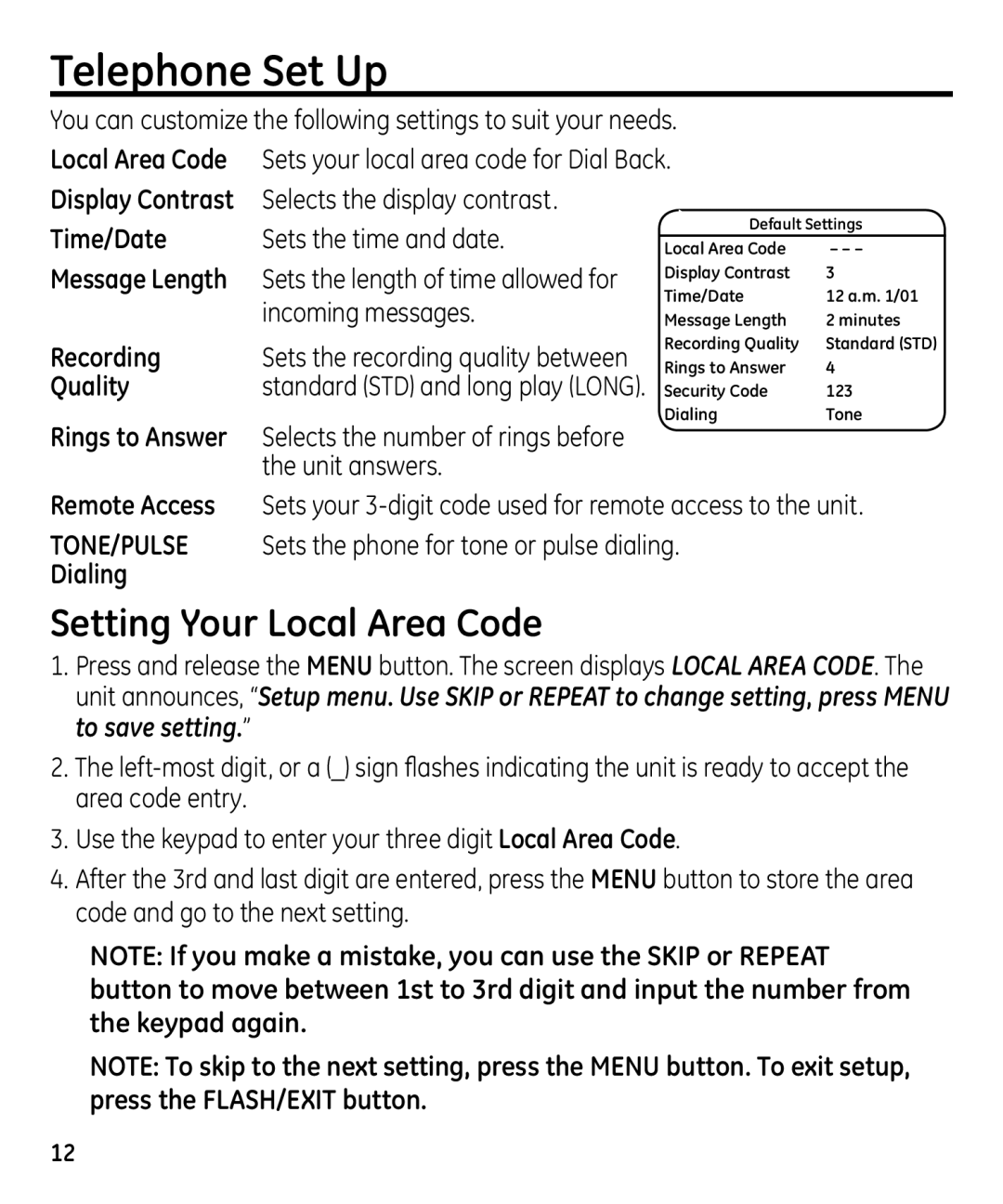 GE 00023598 manual Telephone Set Up, Setting Your Local Area Code 