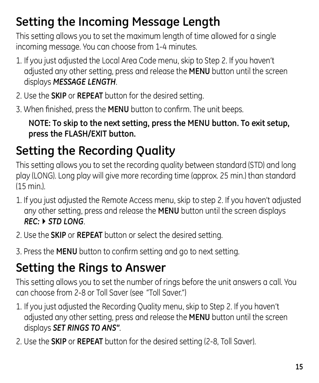 GE 00023598 manual Setting the Incoming Message Length, Setting the Recording Quality, Setting the Rings to Answer 