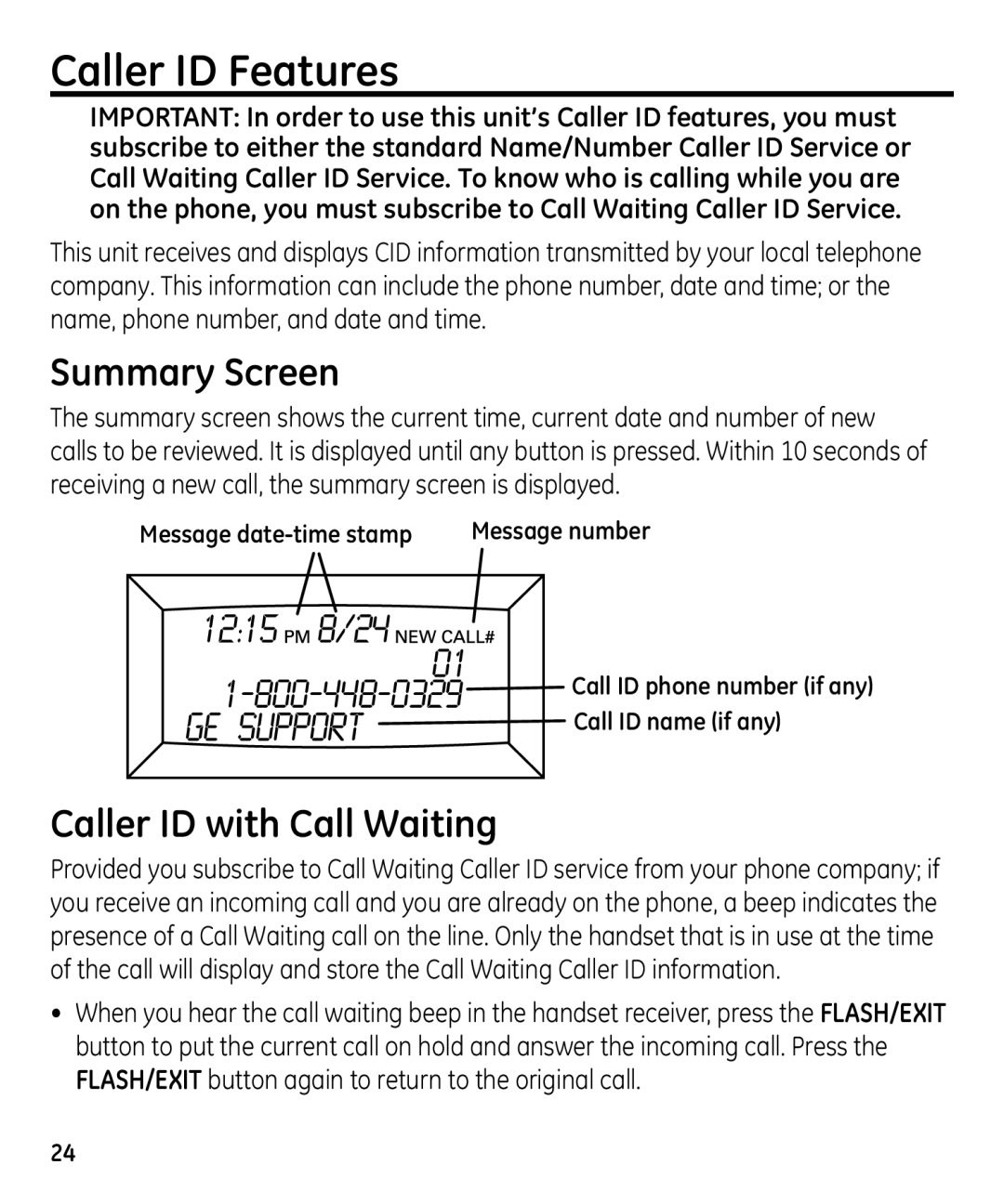 GE 00023598 manual Caller ID Features, Summary Screen, Caller ID with Call Waiting, Message date-time stamp 