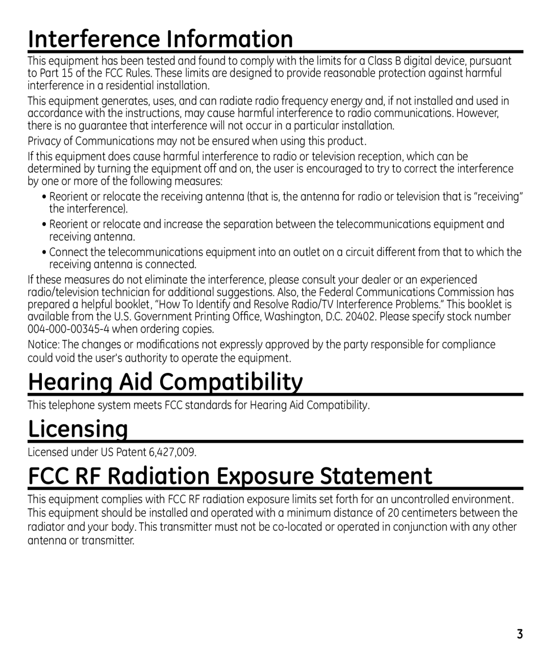 GE 00023598 manual Interference Information, Hearing Aid Compatibility, Licensing, FCC RF Radiation Exposure Statement 