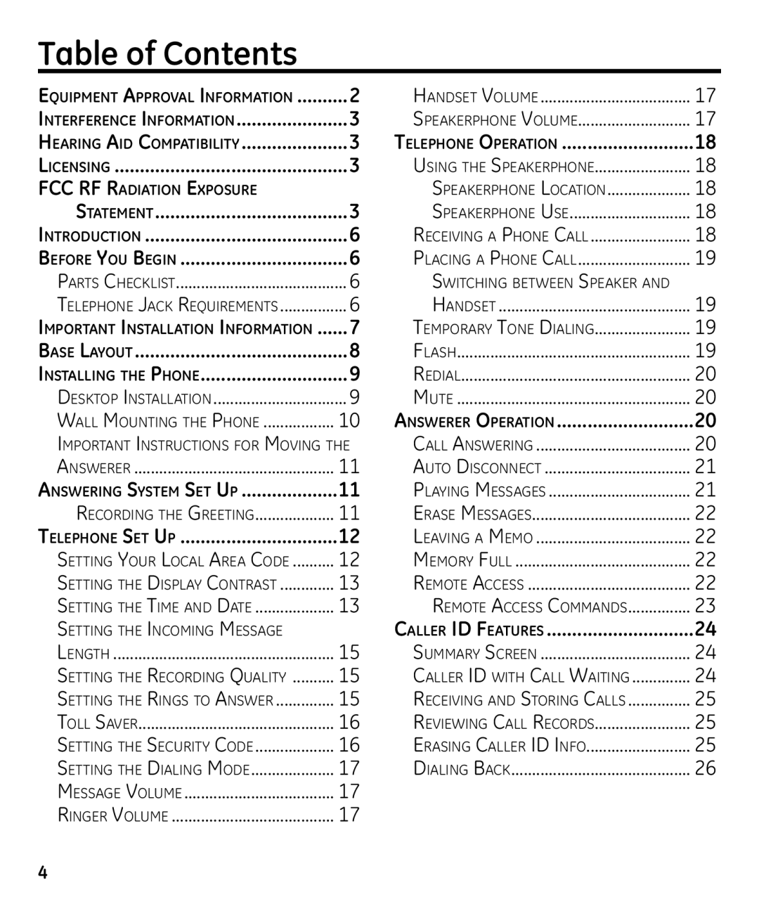 GE 00023598 manual Table of Contents 