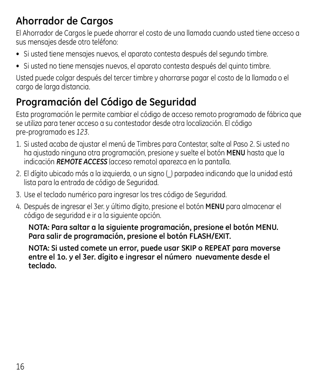 GE 00023598 manual Ahorrador de Cargos, Programación del Código de Seguridad 