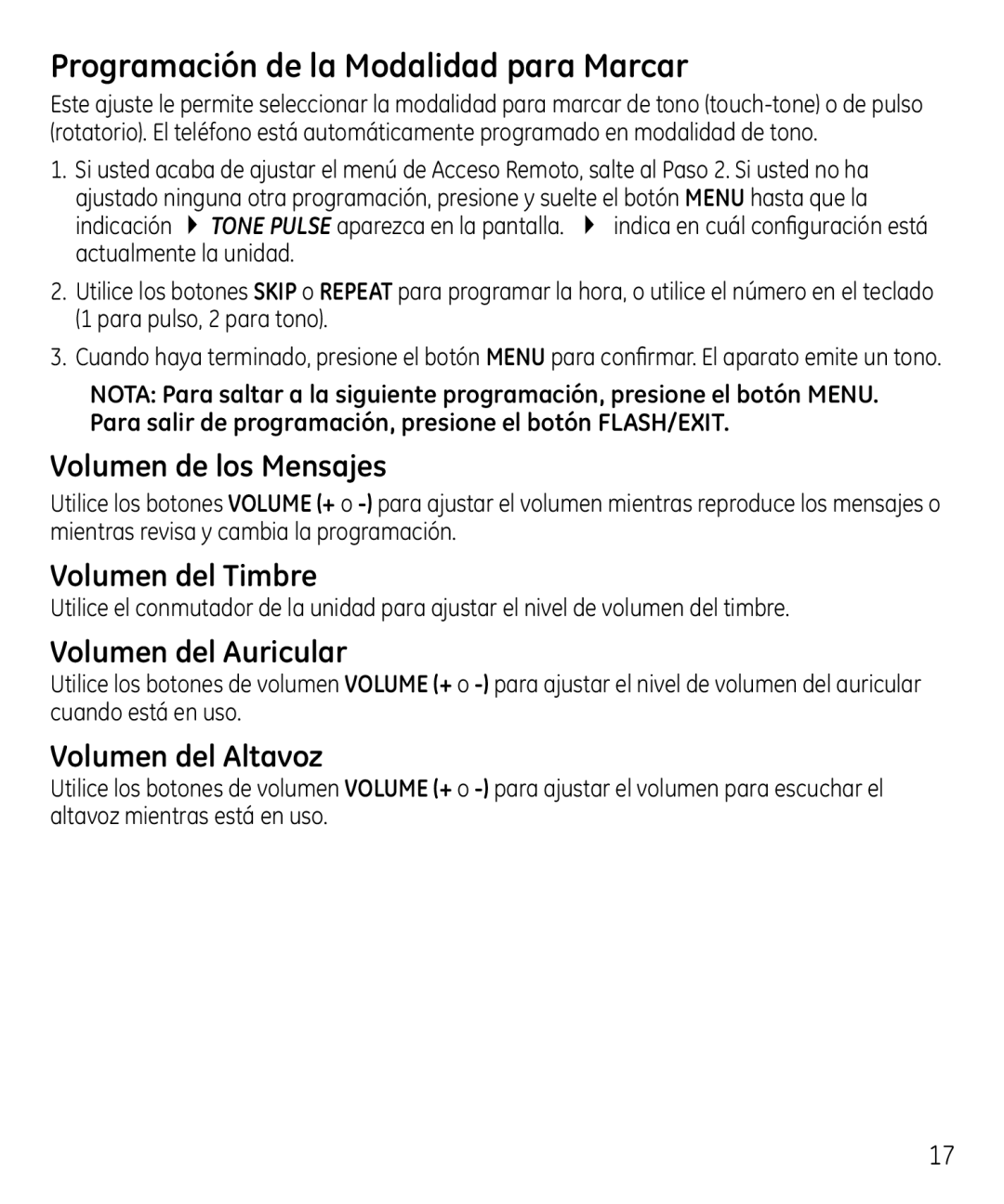 GE 00023598 manual Programación de la Modalidad para Marcar, Volumen de los Mensajes 