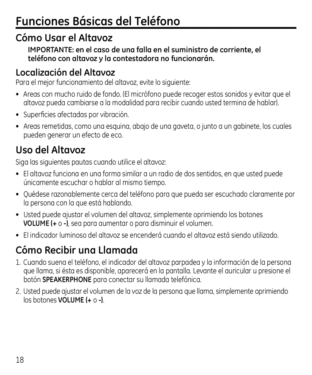 GE 00023598 manual Funciones Básicas del Teléfono, Cómo Usar el Altavoz, Uso del Altavoz, Cómo Recibir una Llamada 