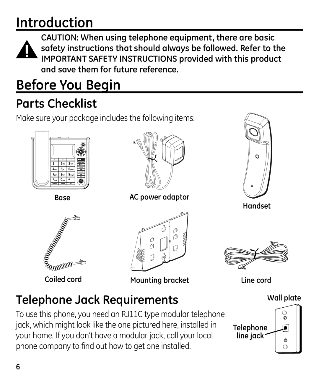 GE 00023598 manual Introduction Before You Begin, Parts Checklist, Telephone Jack Requirements 