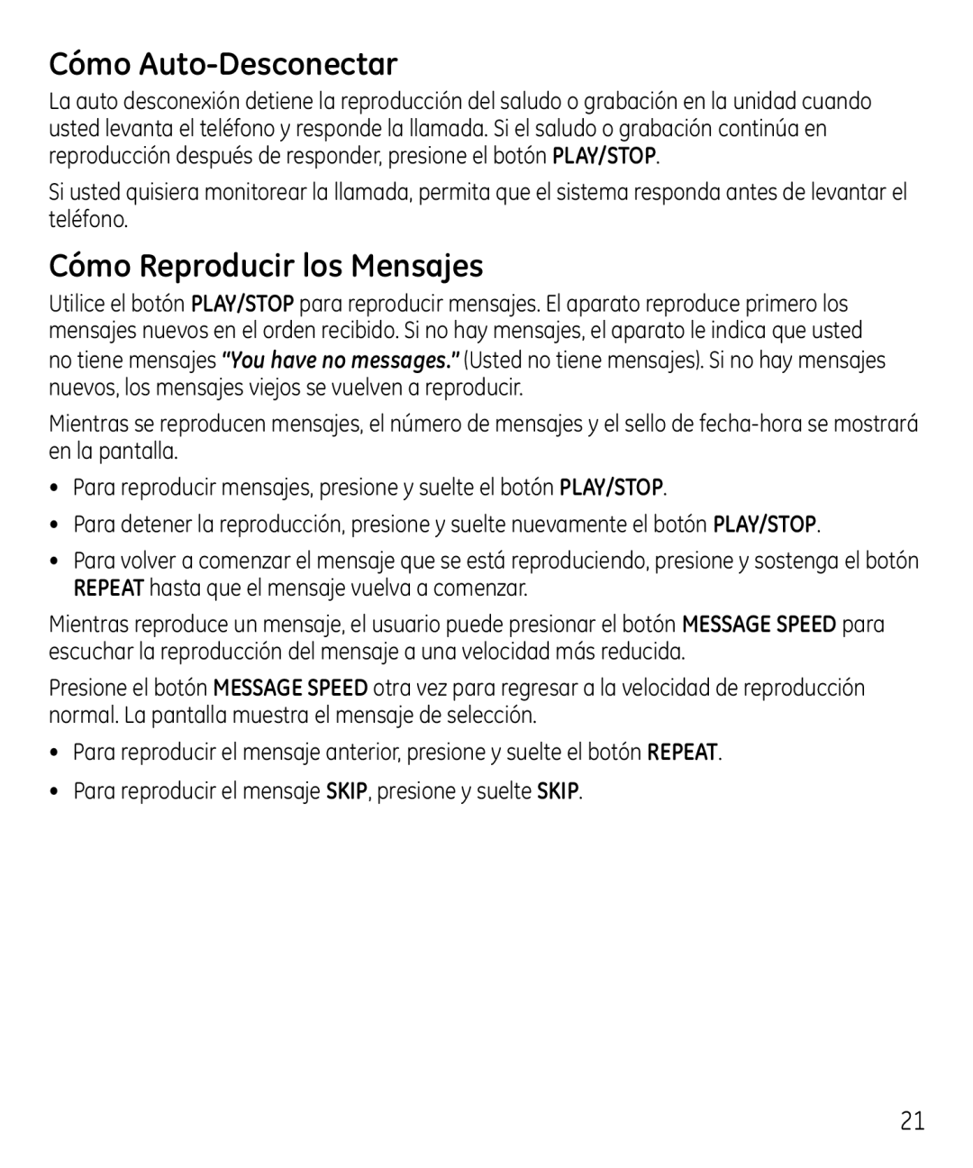 GE 00023598 manual Cómo Auto-Desconectar, Cómo Reproducir los Mensajes 