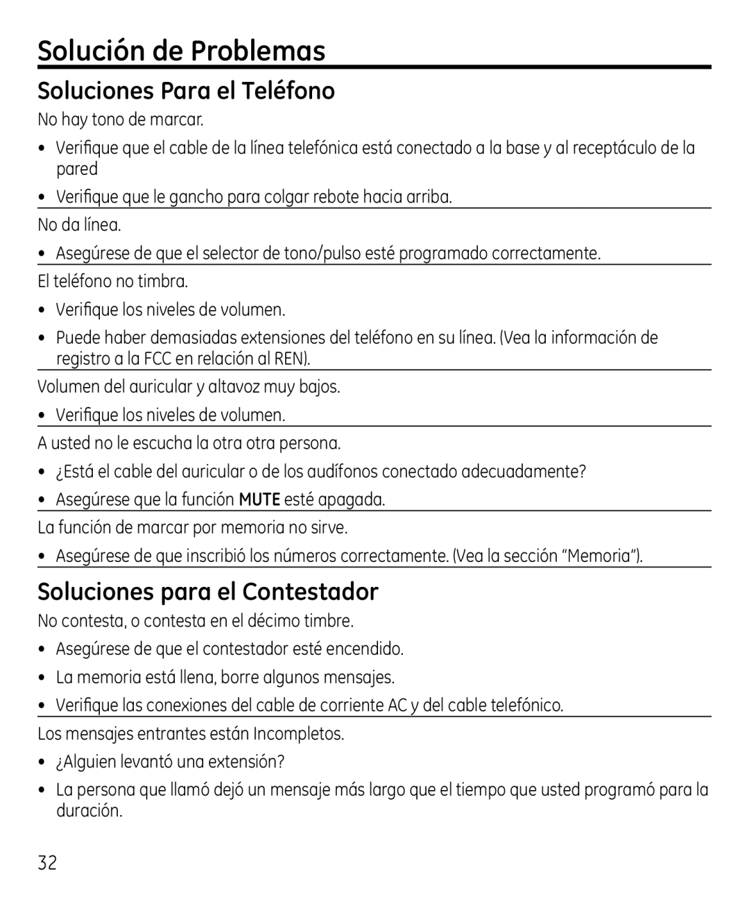 GE 00023598 manual Solución de Problemas, Soluciones Para el Teléfono, Soluciones para el Contestador 