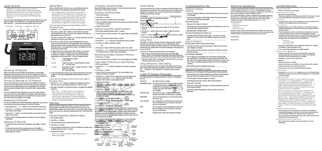 GE 00023810, 29298 Caller ID CID, Memory, Caller ID Display Messages, Troubleshooting Tips, General Product Care 