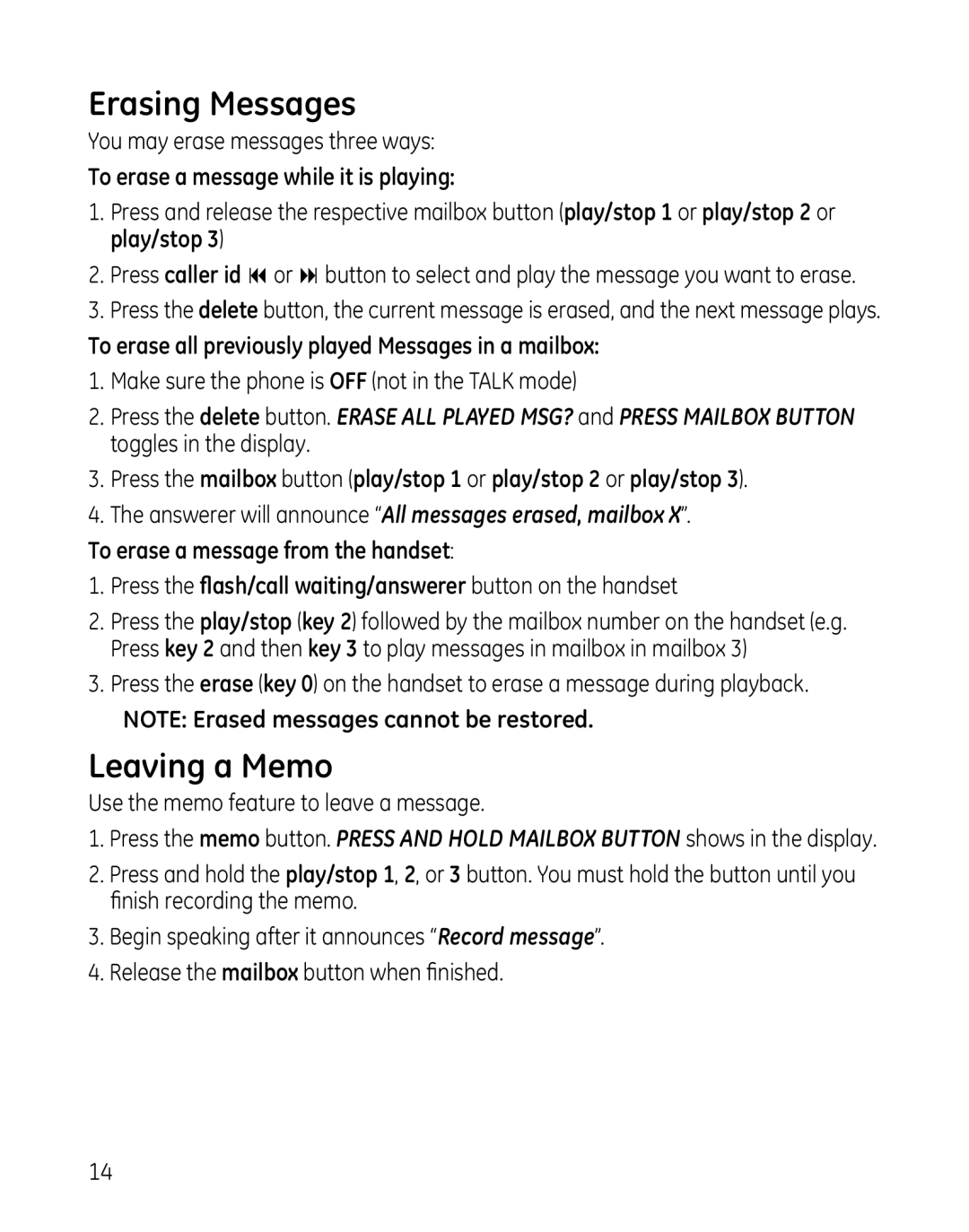 GE 00025467 manual Erasing Messages, Leaving a Memo 