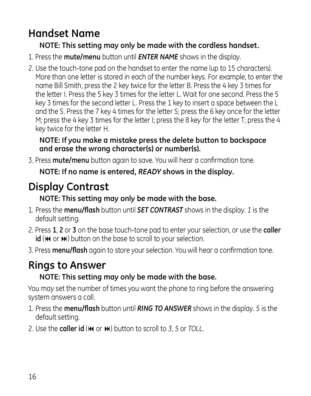 GE 00025467 manual Handset Name, Display Contrast, Rings to Answer 