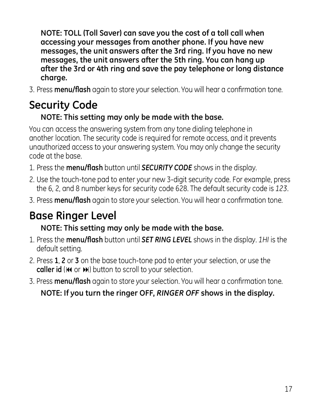 GE 00025467 manual Security Code, Base Ringer Level 