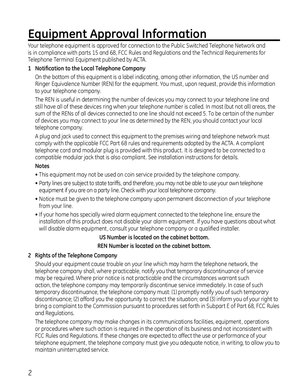 GE 00025467 manual Equipment Approval Information, Notification to the Local Telephone Company 