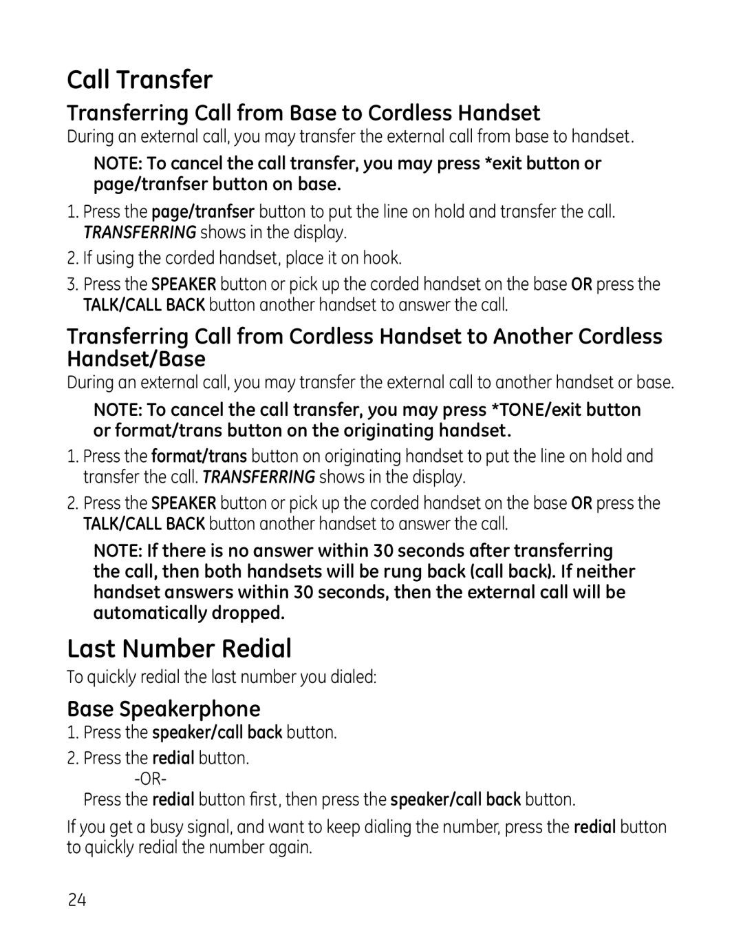 GE 00025467 manual Call Transfer, Last Number Redial, Transferring Call from Base to Cordless Handset 