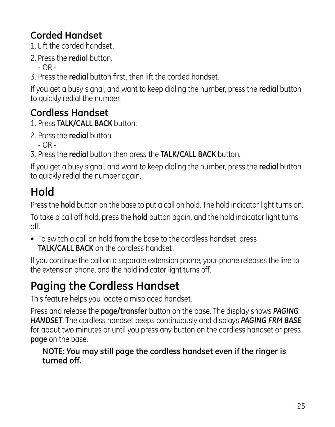 GE 00025467 manual Hold, Paging the Cordless Handset 