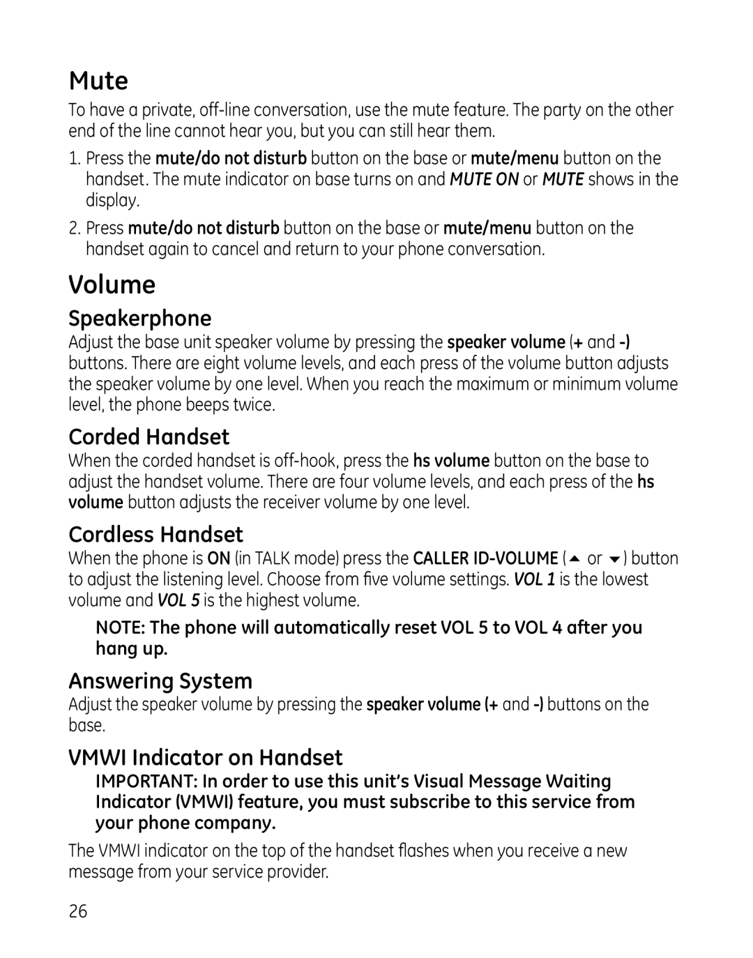 GE 00025467 manual Mute, Volume, Answering System, Vmwi Indicator on Handset 