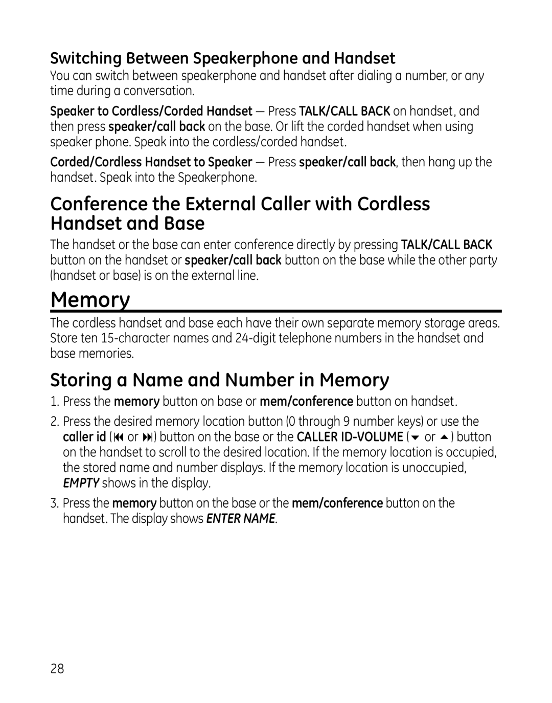 GE 00025467 manual Storing a Name and Number in Memory, Switching Between Speakerphone and Handset 
