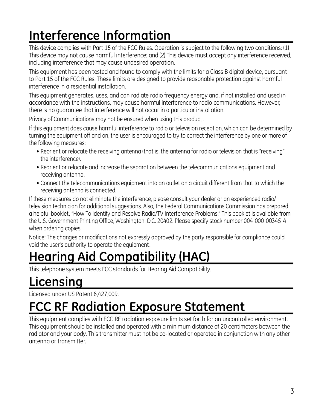 GE 00025467 manual Interference Information, Hearing Aid Compatibility HAC, Licensing, FCC RF Radiation Exposure Statement 