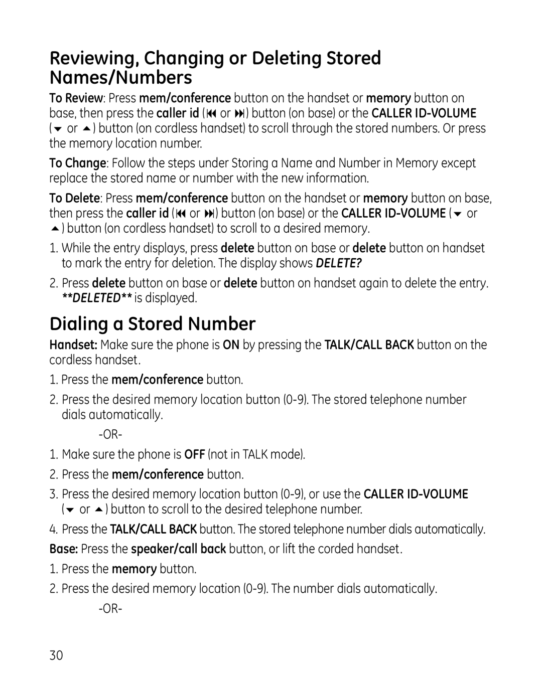 GE 00025467 manual Reviewing, Changing or Deleting Stored Names/Numbers, Dialing a Stored Number 