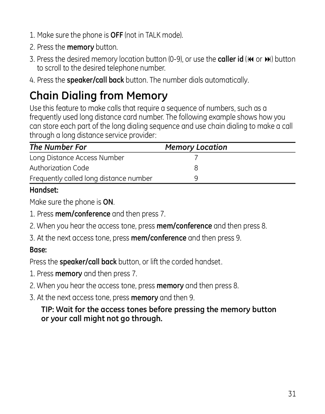 GE 00025467 manual Chain Dialing from Memory, Number For 