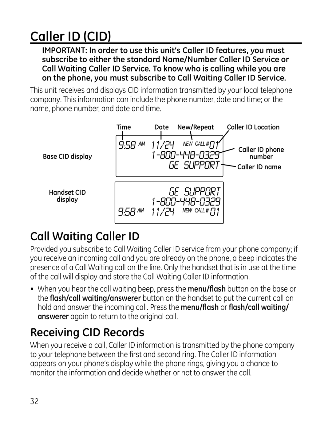 GE 00025467 manual Caller ID CID, Call Waiting Caller ID, Receiving CID Records 