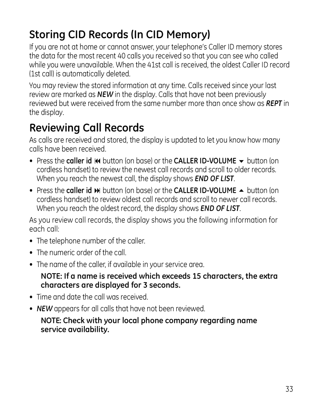 GE 00025467 manual Storing CID Records In CID Memory, Reviewing Call Records 