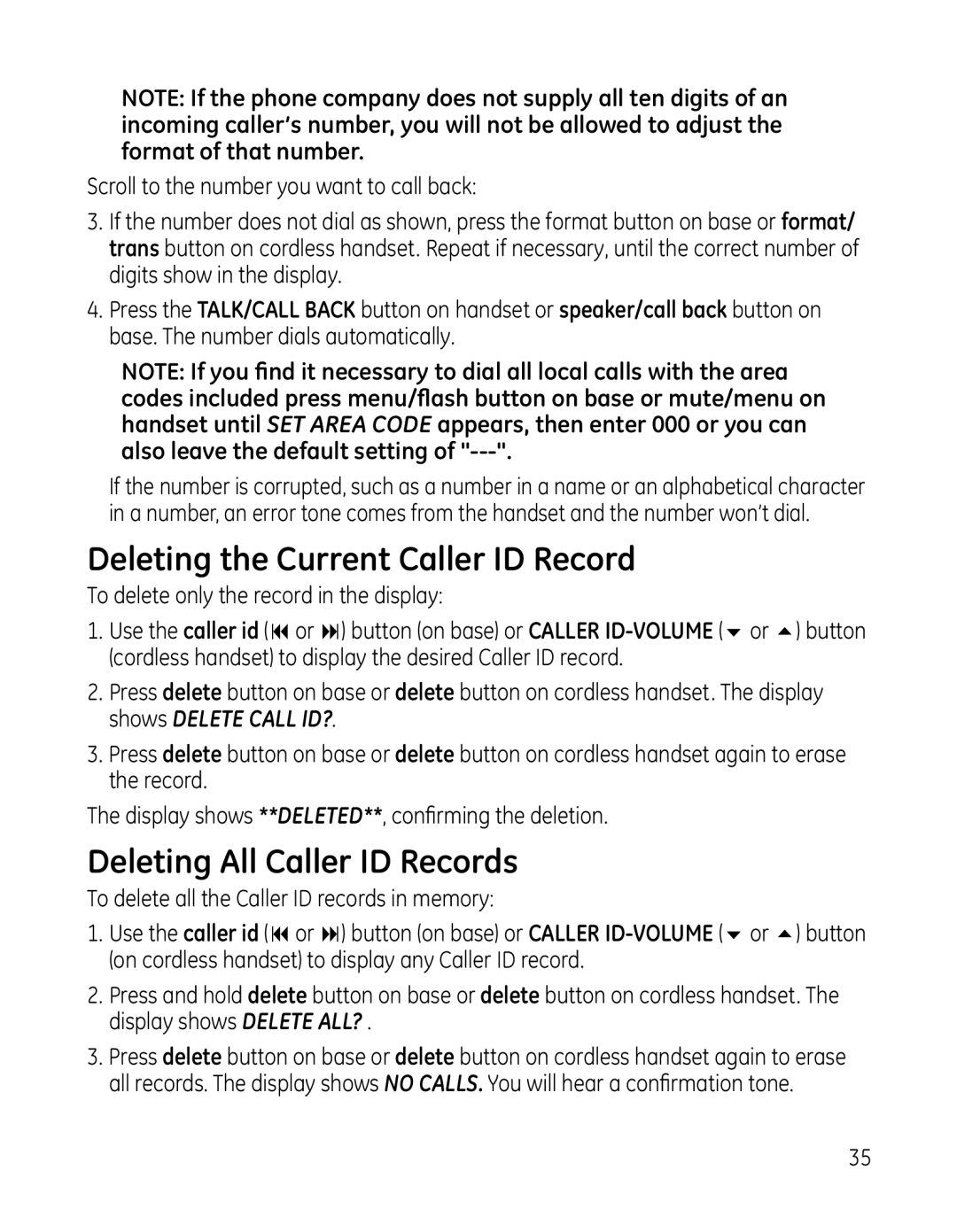 GE 00025467 manual Deleting the Current Caller ID Record, Deleting All Caller ID Records 