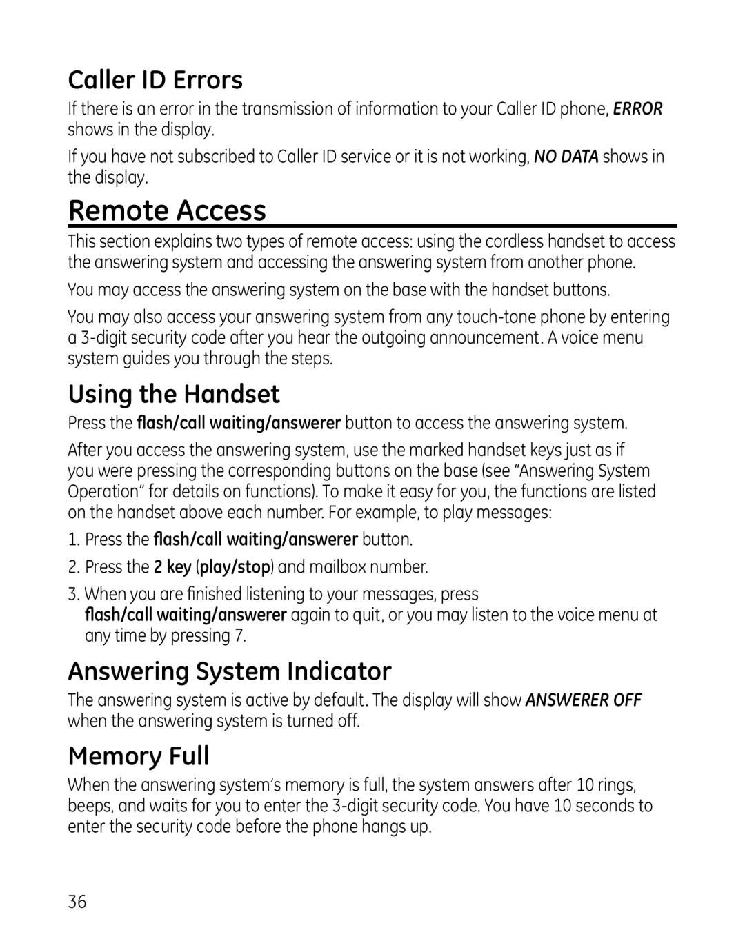 GE 00025467 manual Remote Access, Caller ID Errors, Using the Handset, Answering System Indicator, Memory Full 