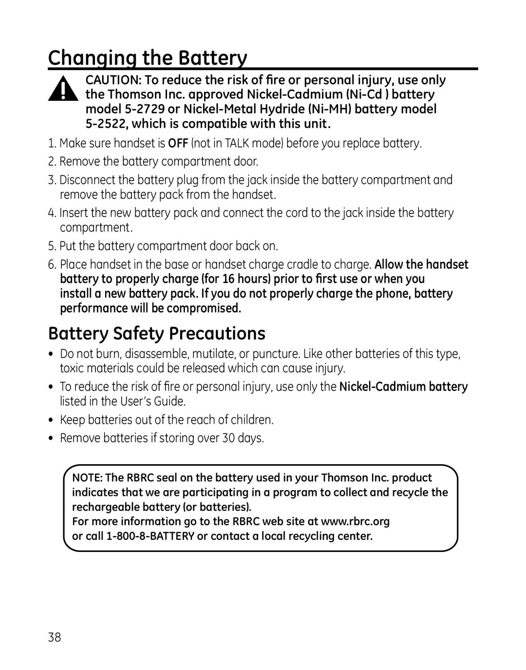 GE 00025467 manual Changing the Battery, Battery Safety Precautions 