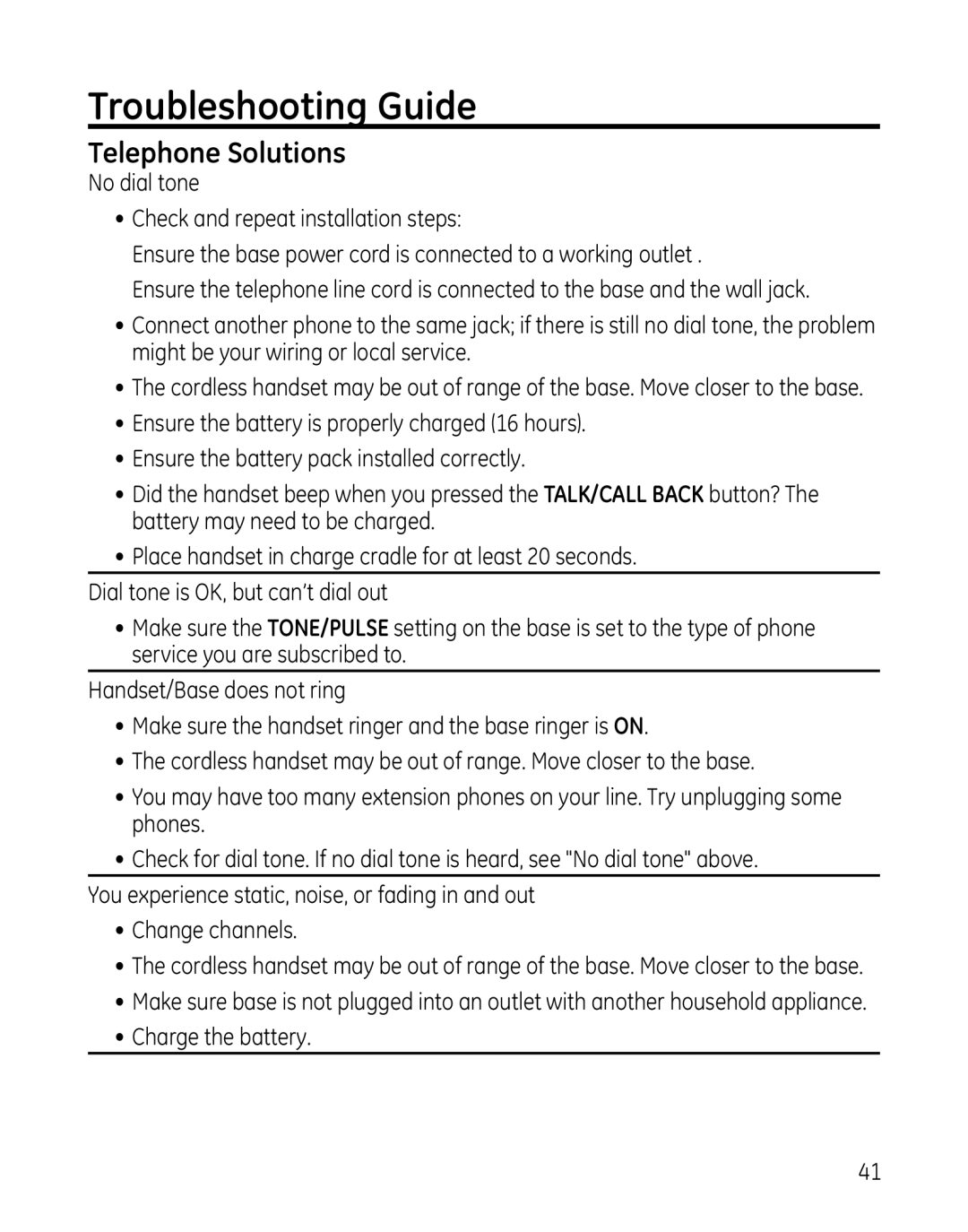 GE 00025467 manual Troubleshooting Guide, Telephone Solutions 