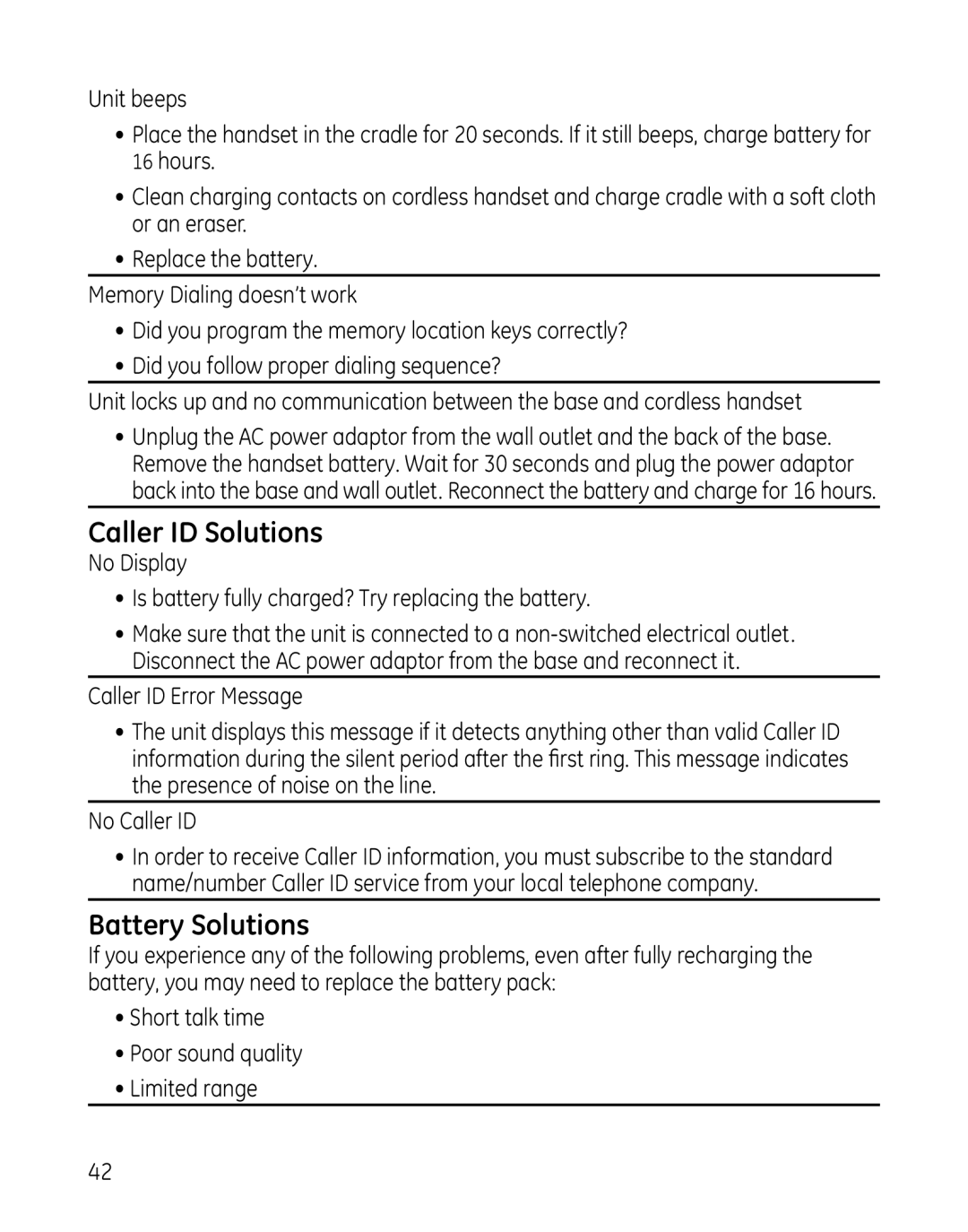 GE 00025467 manual Caller ID Solutions, Battery Solutions 