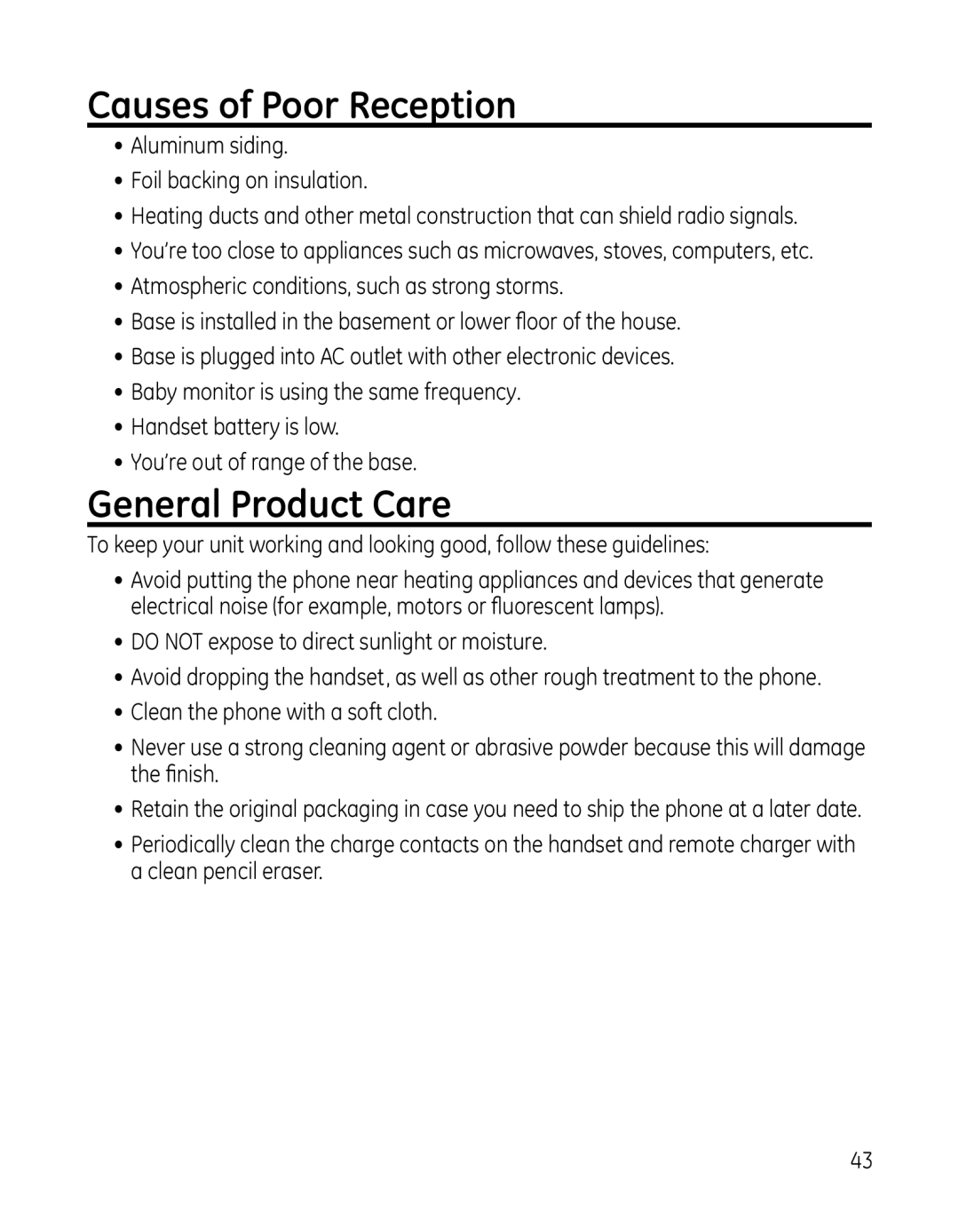 GE 00025467 manual Causes of Poor Reception, General Product Care 