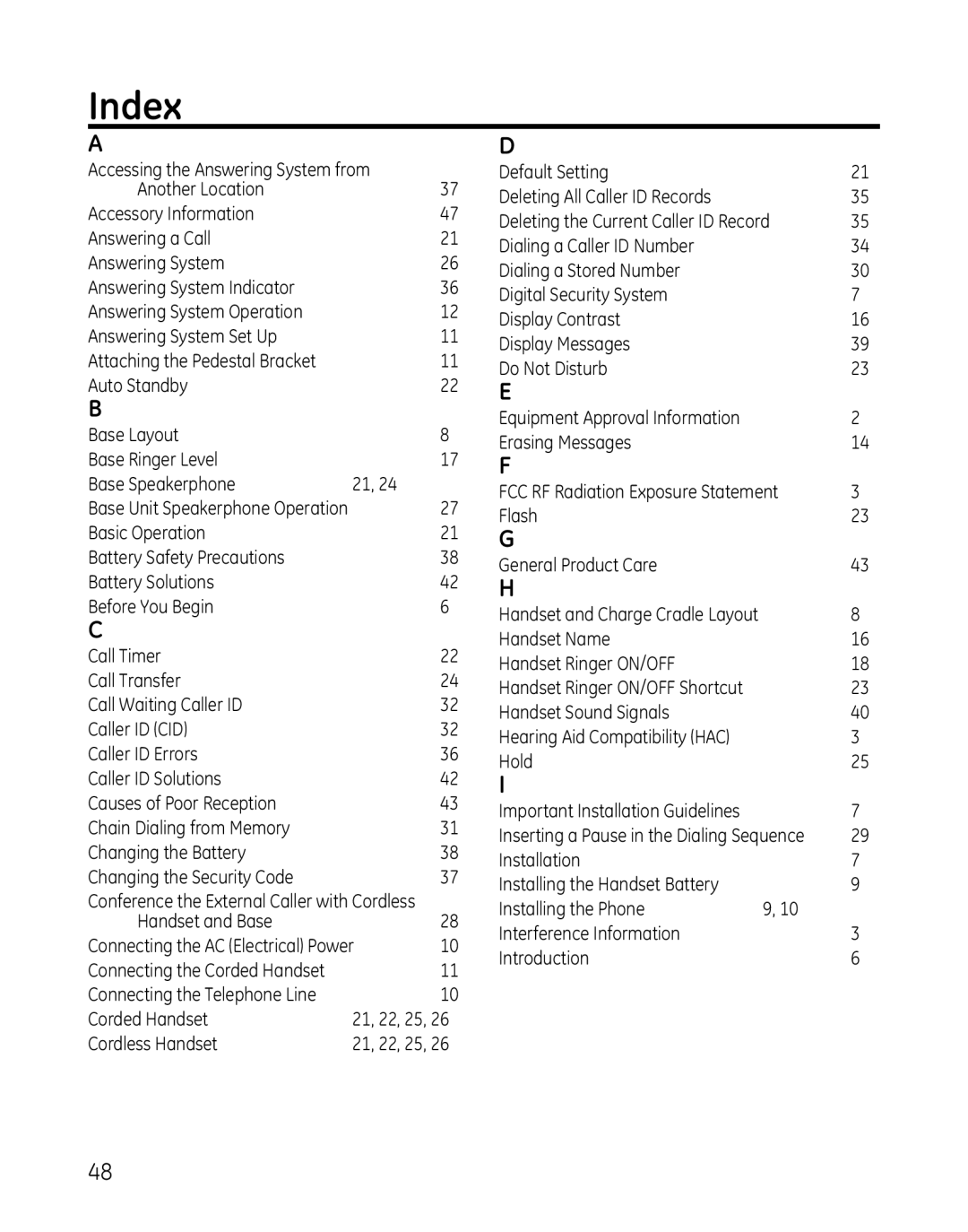 GE 00025467 manual Index 