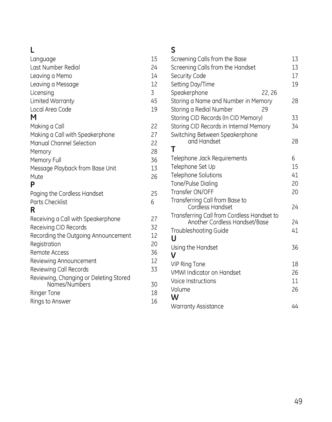 GE 00025467 manual Names/Numbers Ringer Tone Rings to Answer 