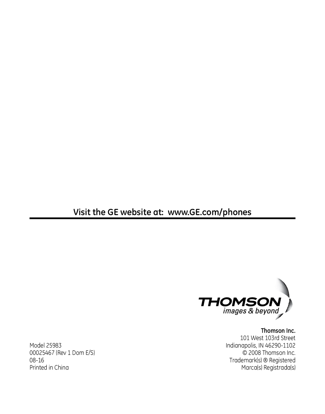 GE 00025467 manual Thomson Inc 