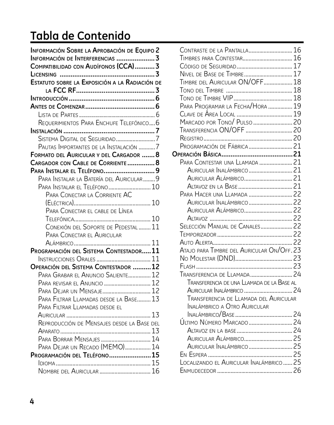 GE 00025467 Tabla de Contenido, Antes de Comenzar, Para Instalar el Teléfono, Programación del Teléfono, Operación Básica 