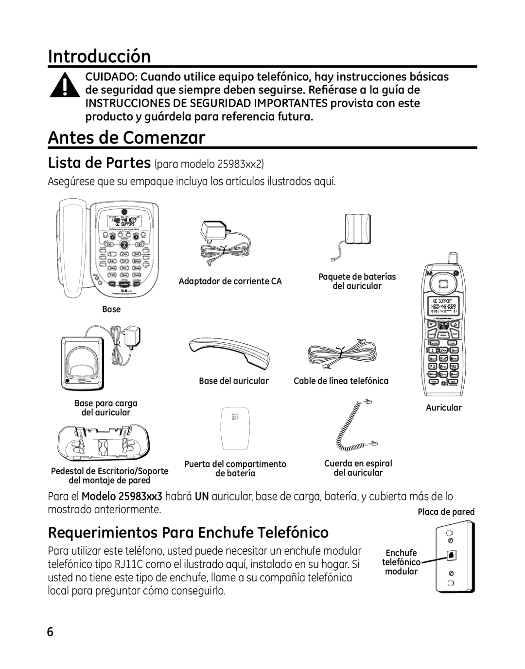 GE 00025467 manual Introducción, Antes de Comenzar, Requerimientos Para Enchufe Telefónico 