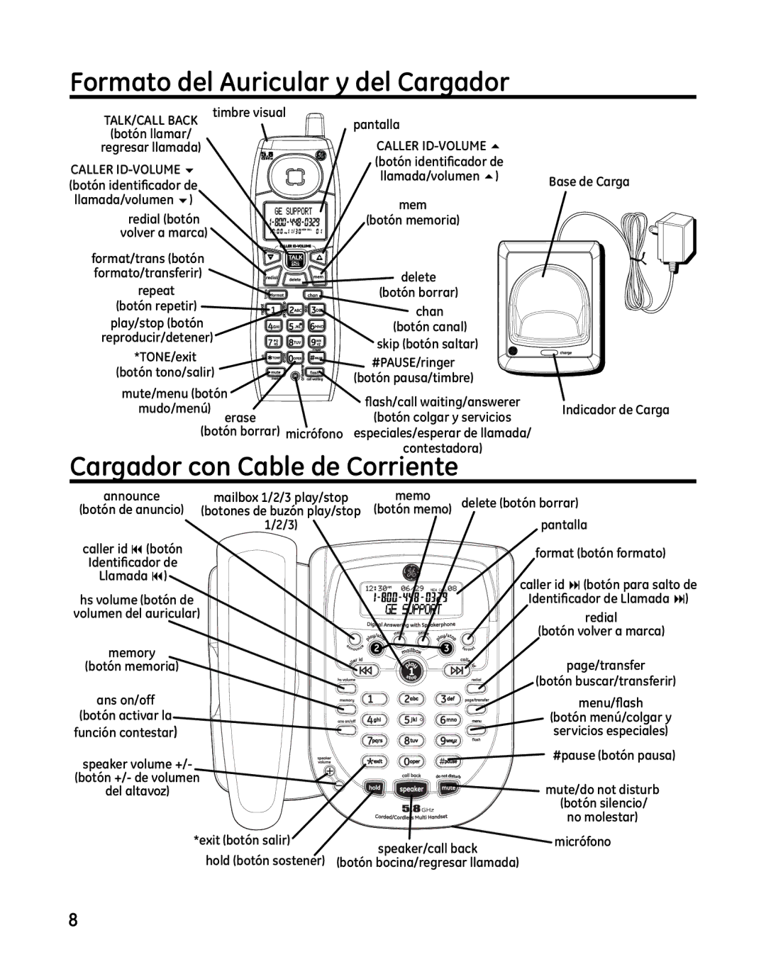 GE 00025467 manual Formato del Auricular y del Cargador, Cargador con Cable de Corriente 