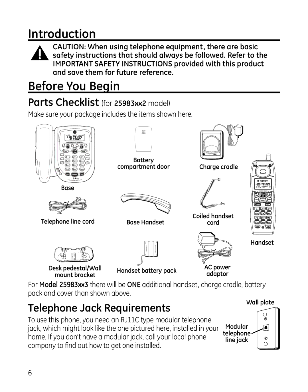 GE 00025467 manual Introduction Before You Begin, Parts Checklist for 25983xx2 model, Telephone Jack Requirements 