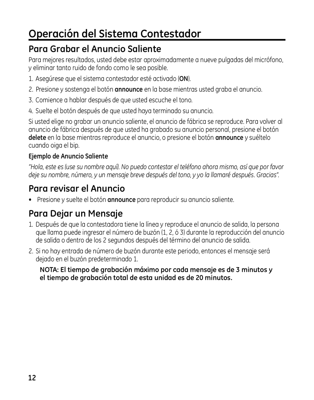 GE 00025467 manual Operación del Sistema Contestador, Para Grabar el Anuncio Saliente, Para revisar el Anuncio 