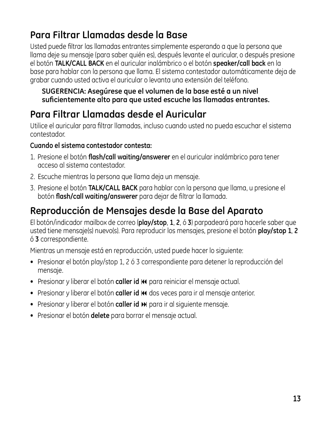 GE 00025467 manual Para Filtrar Llamadas desde la Base, Para Filtrar Llamadas desde el Auricular 