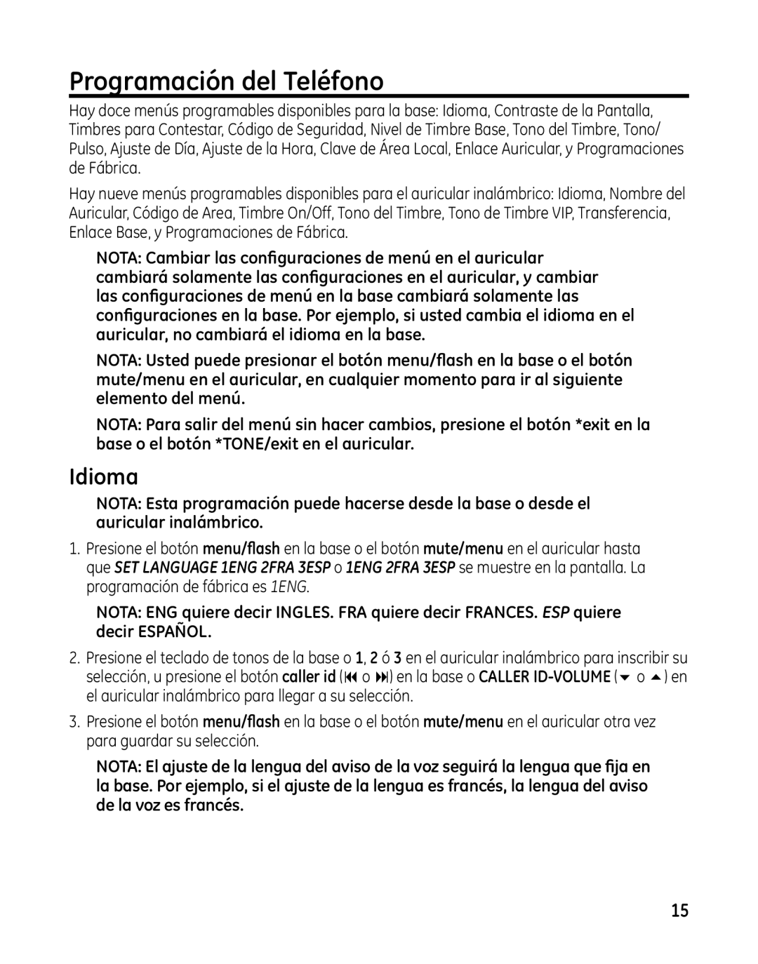 GE 00025467 manual Programación del Teléfono, Idioma 