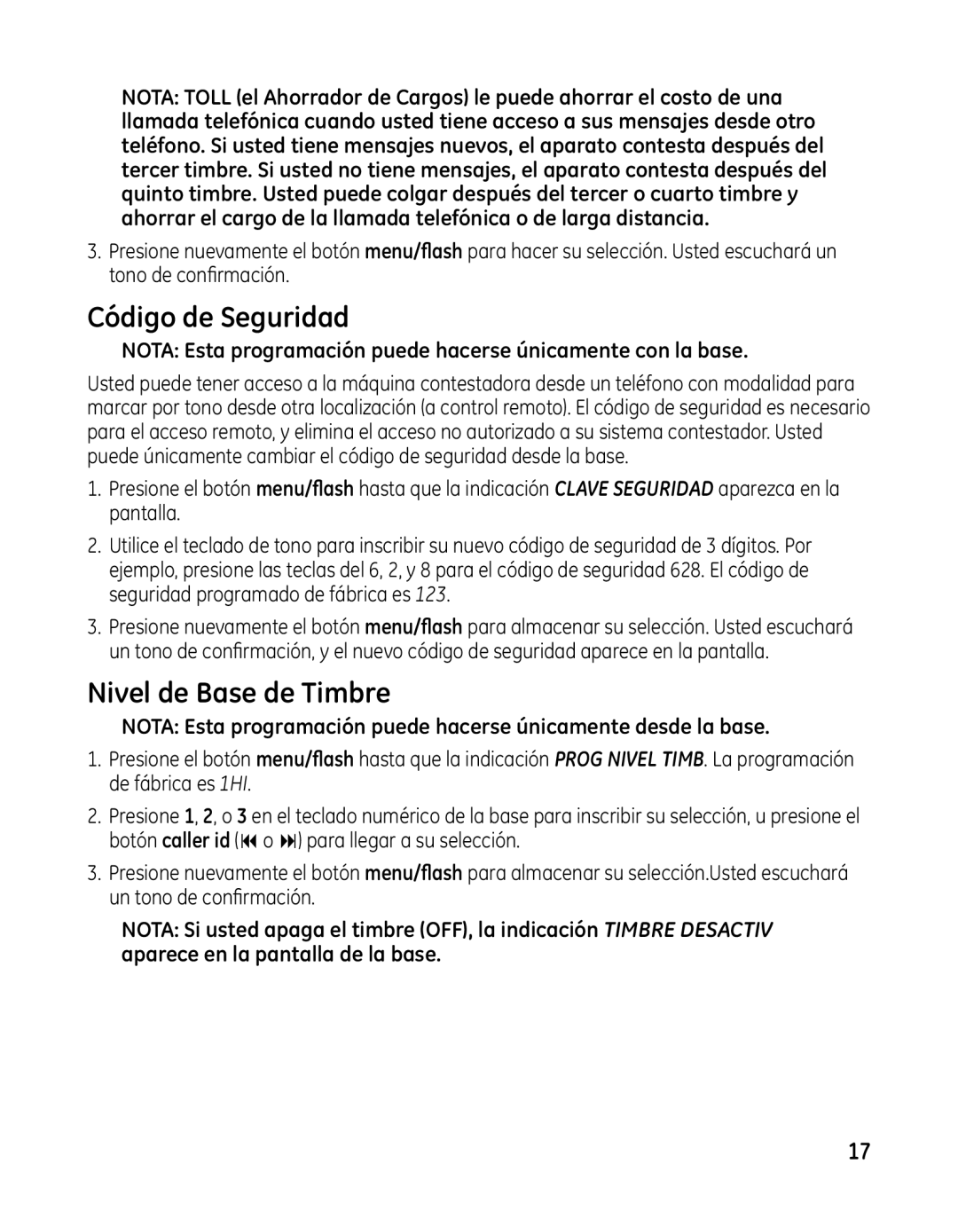 GE 00025467 manual Código de Seguridad, Nivel de Base de Timbre 