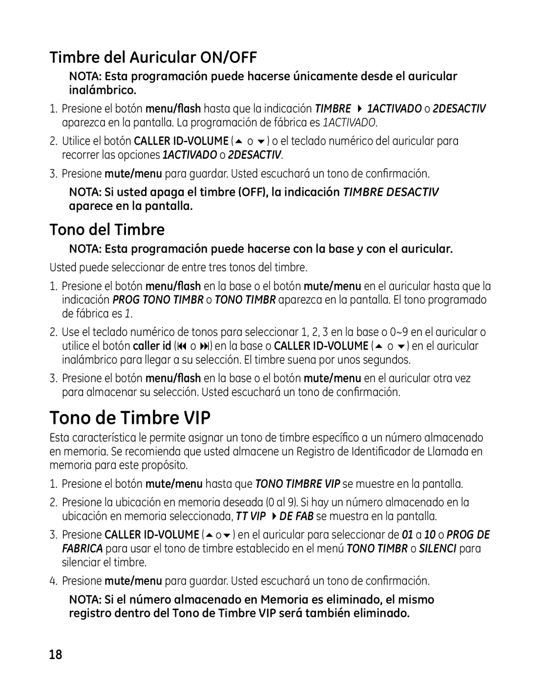 GE 00025467 manual Tono de Timbre VIP, Timbre del Auricular ON/OFF, Tono del Timbre 