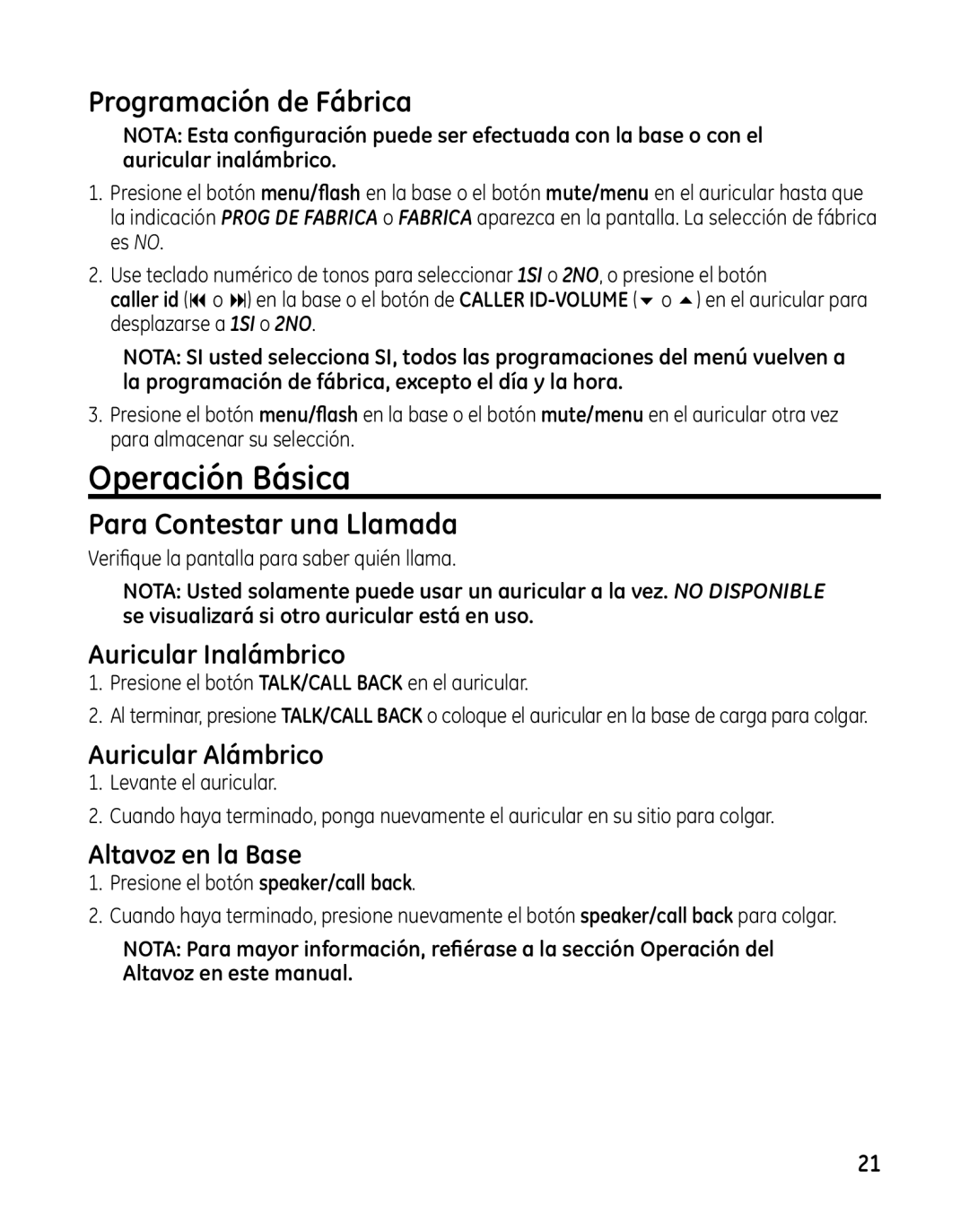 GE 00025467 manual Operación Básica, Programación de Fábrica, Para Contestar una Llamada 