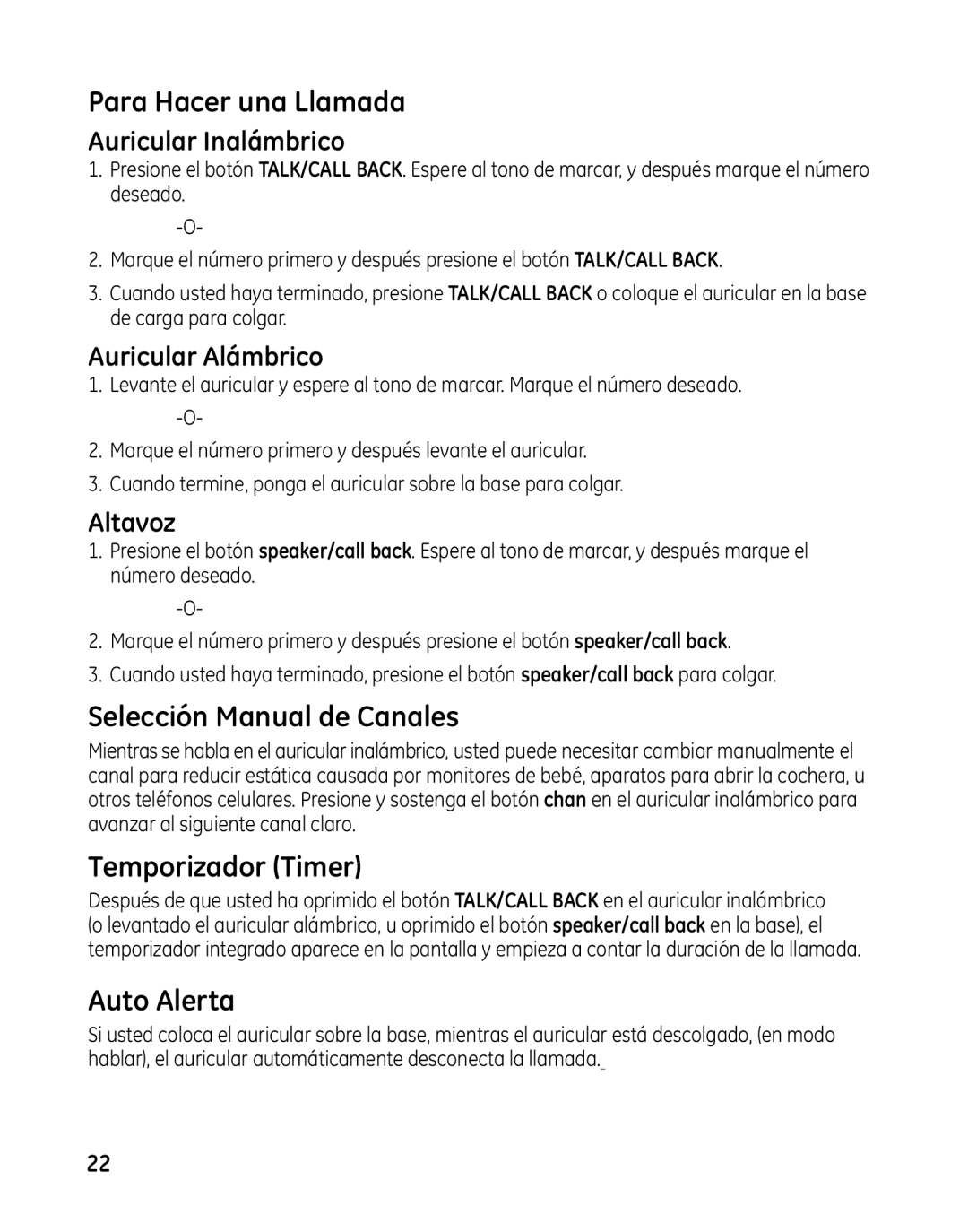 GE 00025467 manual Para Hacer una Llamada, Selección Manual de Canales, Temporizador Timer, Auto Alerta 