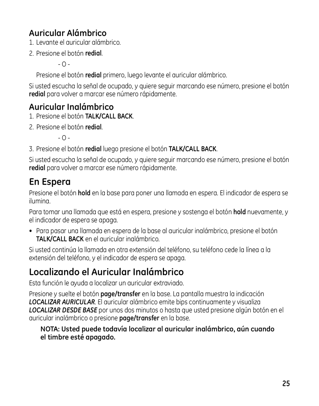 GE 00025467 manual En Espera, Localizando el Auricular Inalámbrico 