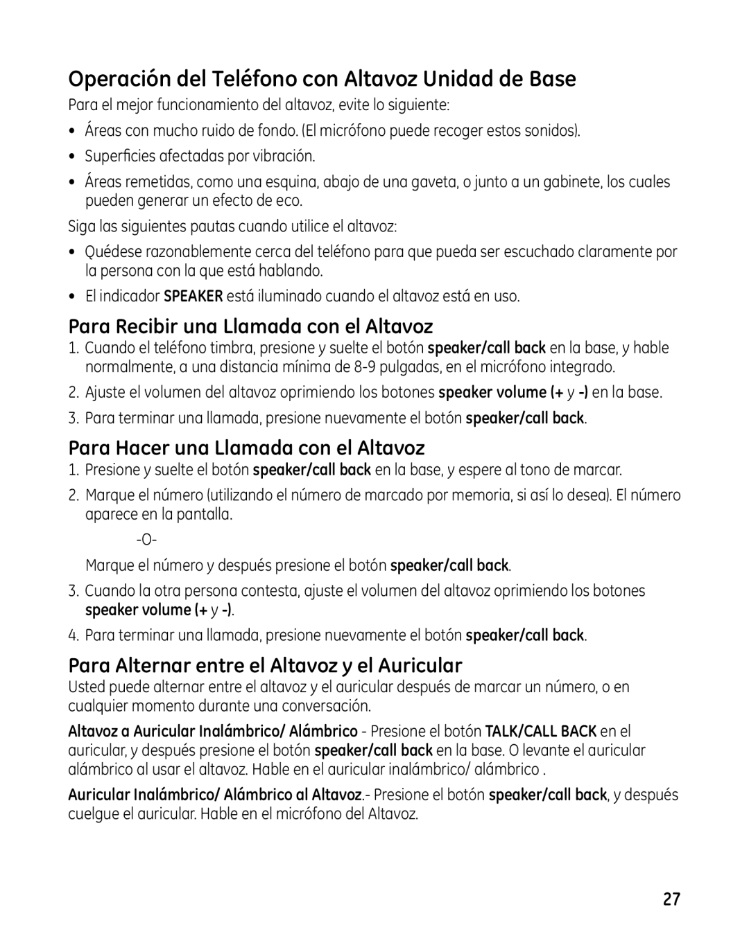 GE 00025467 manual Operación del Teléfono con Altavoz Unidad de Base, Para Recibir una Llamada con el Altavoz 