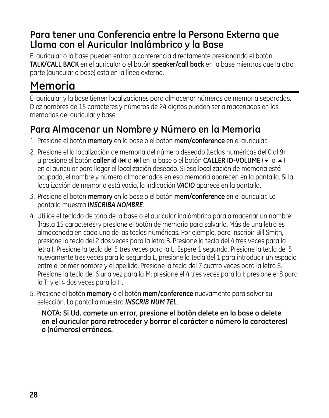 GE 00025467 manual Para Almacenar un Nombre y Número en la Memoria 